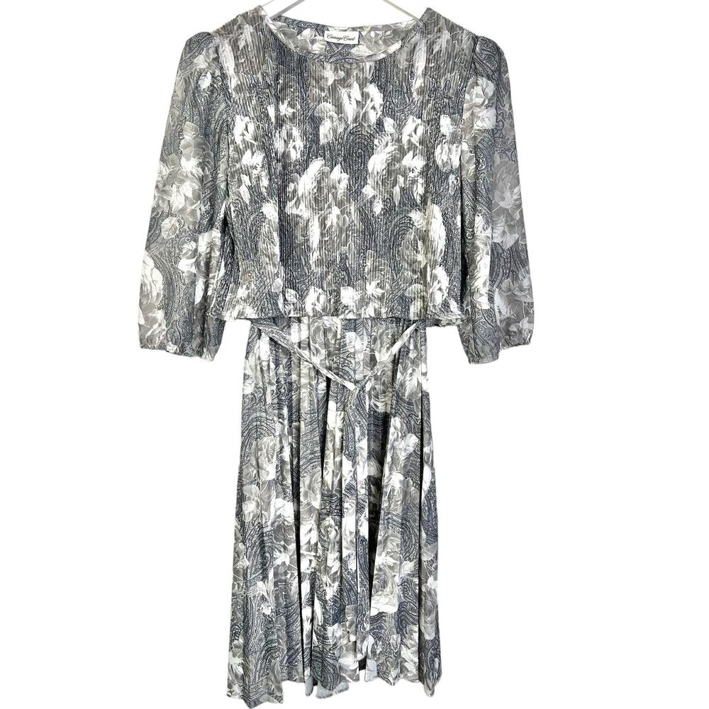 Vintage Carriage Court Women's Size S Gray Floral 3/4 Sleeve Blouson Midi Dress